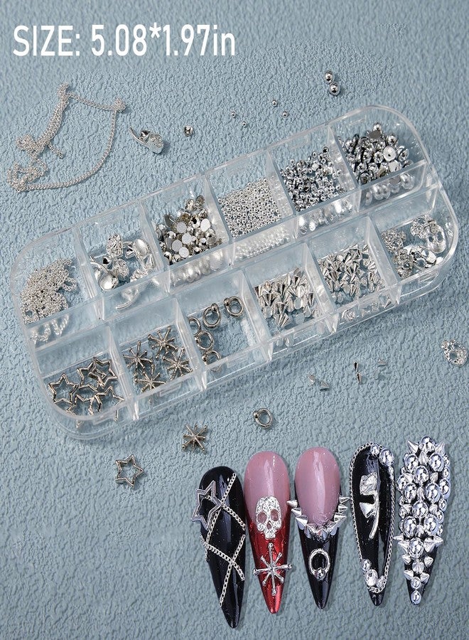 SILPECWEE 2 Boxes Halloween Nail Charms, 3d Punk Nail Charms and Rhinestones Gems, Skull Pumpkin Star Chains Nails Design Metal Cone Spike Rivet Stud Manicure Jewelry for DIY Decoration - Image 2